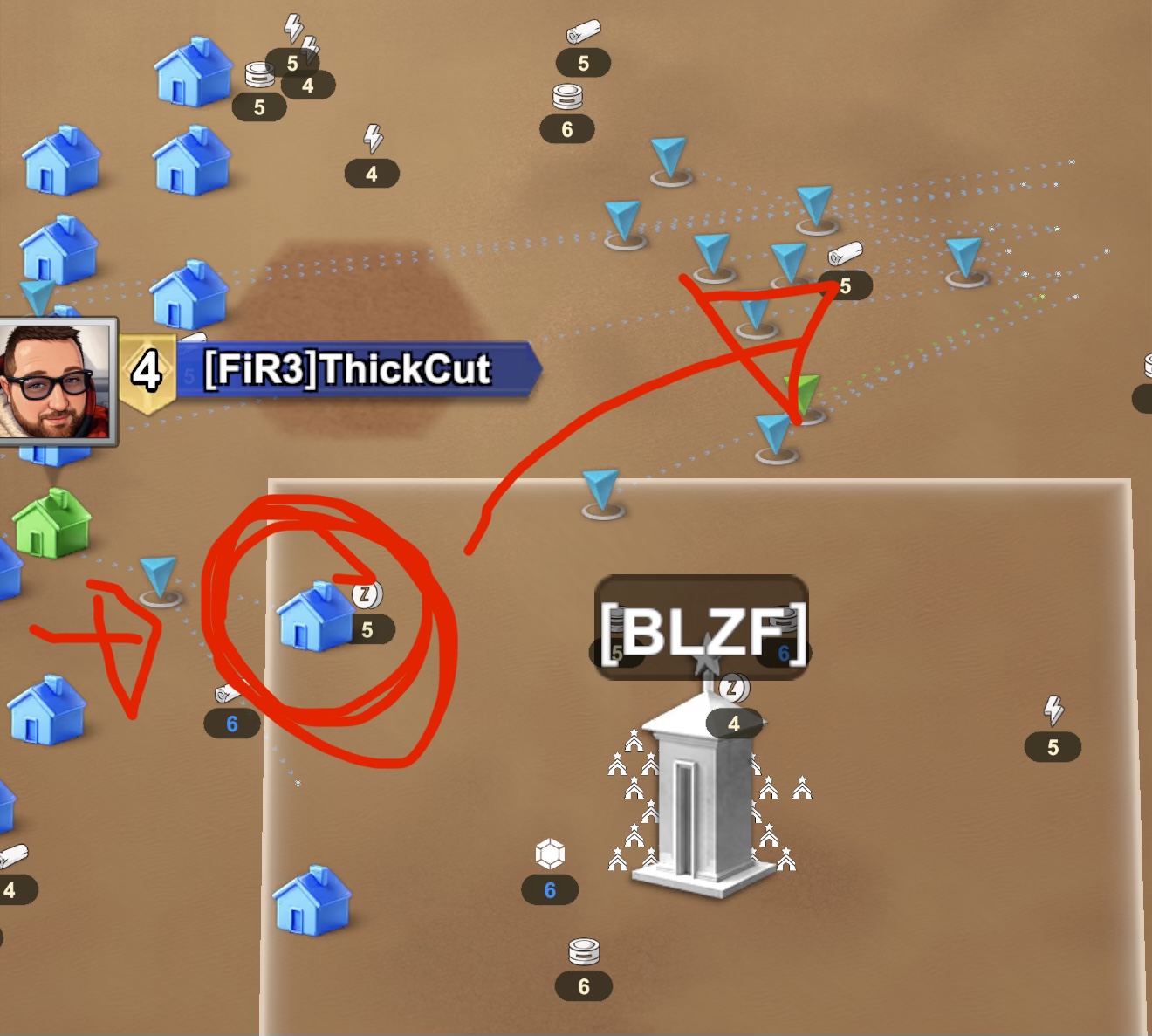 World map with red arrows showing the route from your HQ across the alliance boundary to an ally HQ adjacent to the dig
