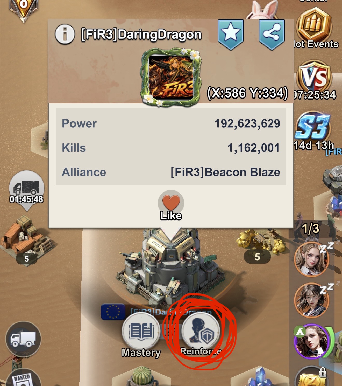 Player profile popup with the Reinforce button circled in red