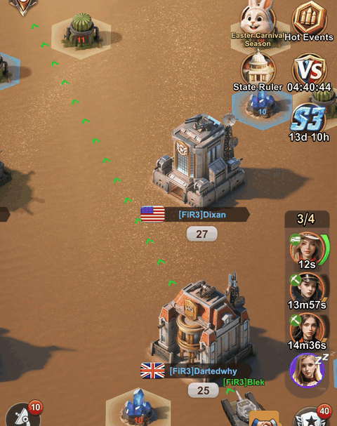 Screen recording showing the reinforced hero arriving at a dig while other marches are still underway