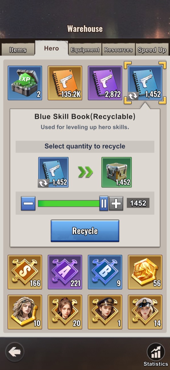 Warehouse Hero tab with the Blue Skill Book (Recyclable) selected, the recycle slider set to 1452, showing 1,452 books turning into 1,452 chests