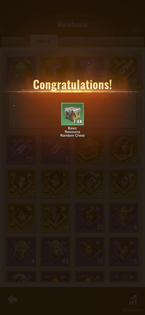 Congratulations screen showing 1.4K Basic Resource Random Chests received