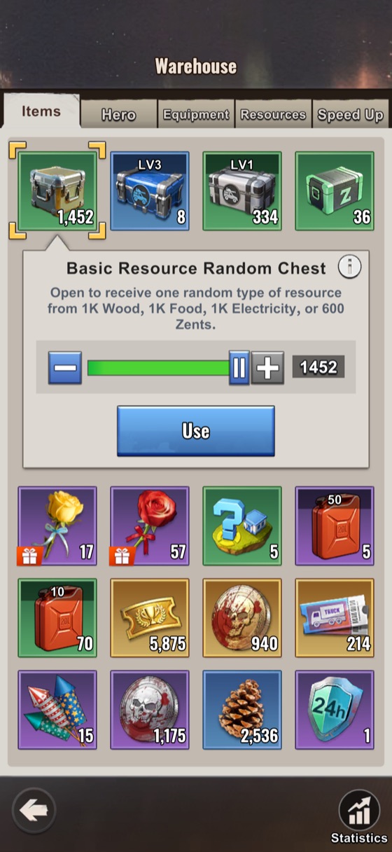 Warehouse Items tab with the Basic Resource Random Chest selected, description reading: open to receive one random type of resource from 1K Wood, 1K Food, 1K Electricity, or 600 Zents