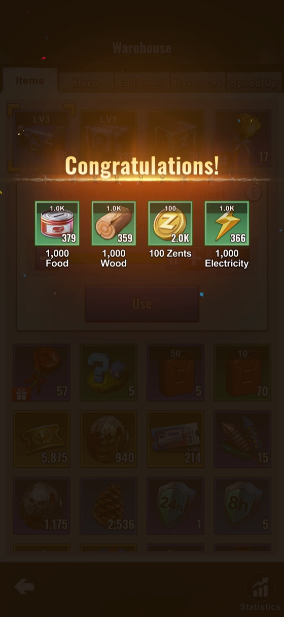 Congratulations screen showing 379 Food, 359 Wood, 2.0K 100 Zents and 366 Electricity resource items