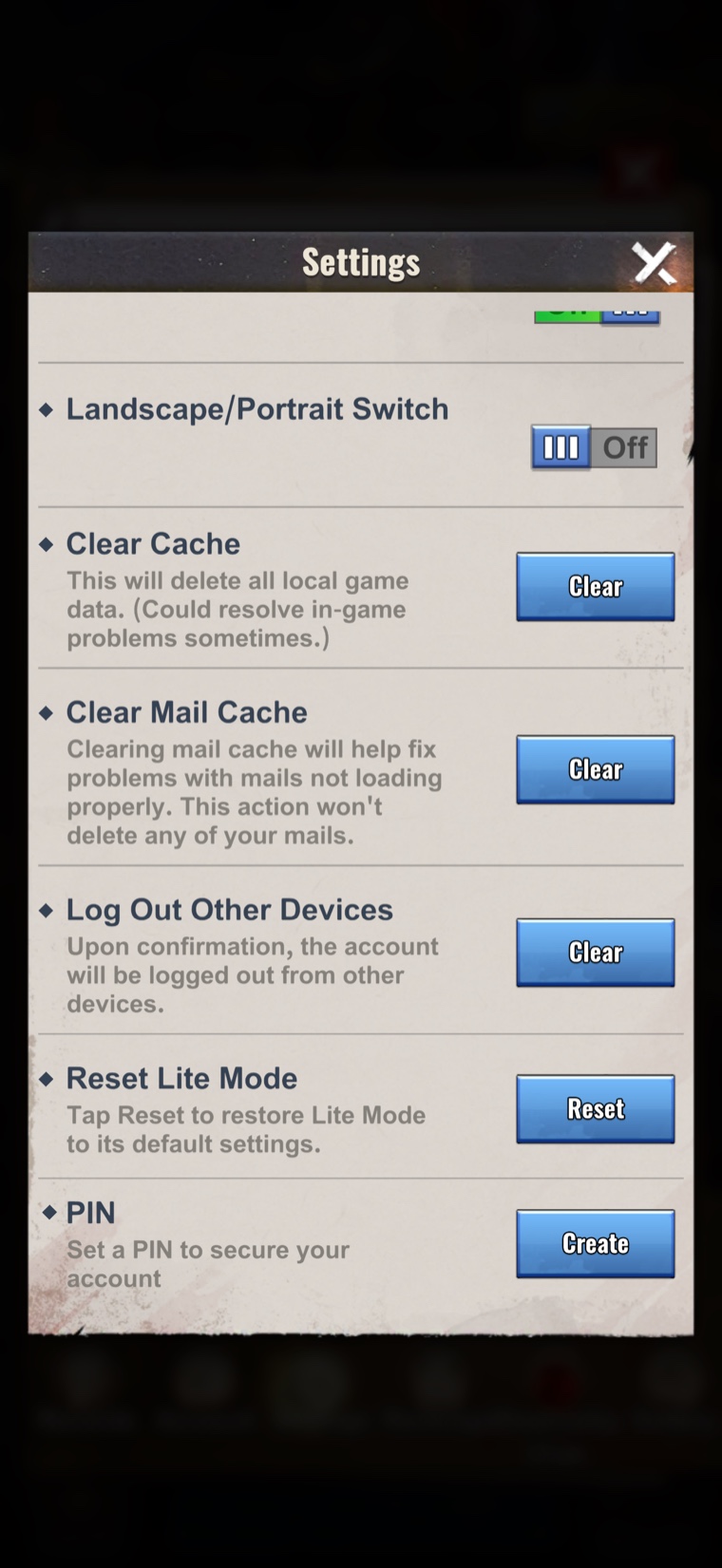 The Last Z in-game Settings panel showing Clear Cache, Clear Mail Cache, Log Out Other Devices, Reset Lite Mode and PIN controls.